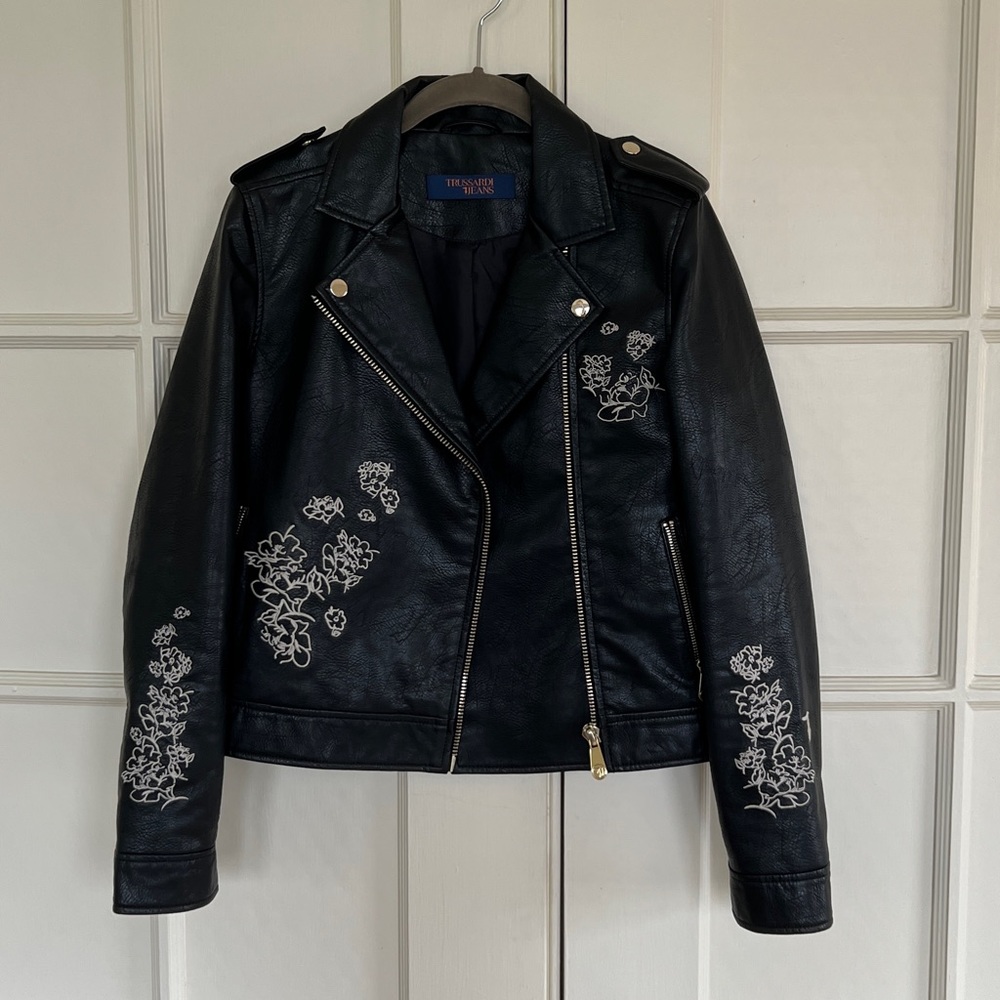 Leather jacket with floral embroidery detail